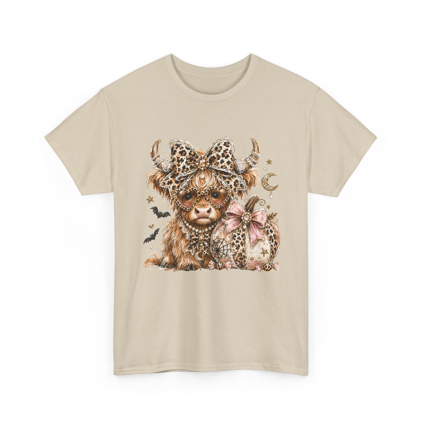 Highland Cow with Leopard Bow T‑Shirt — Cute Farm Animal Tee for Women