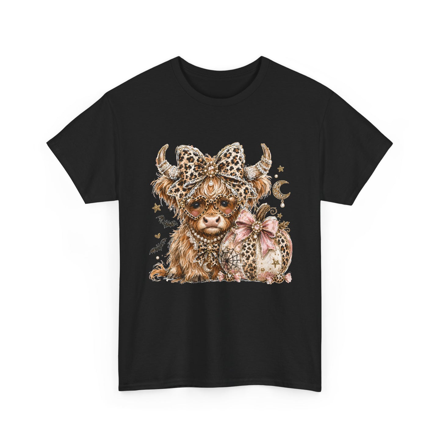 Highland Cow with Leopard Bow T‑Shirt — Cute Farm Animal Tee for Women