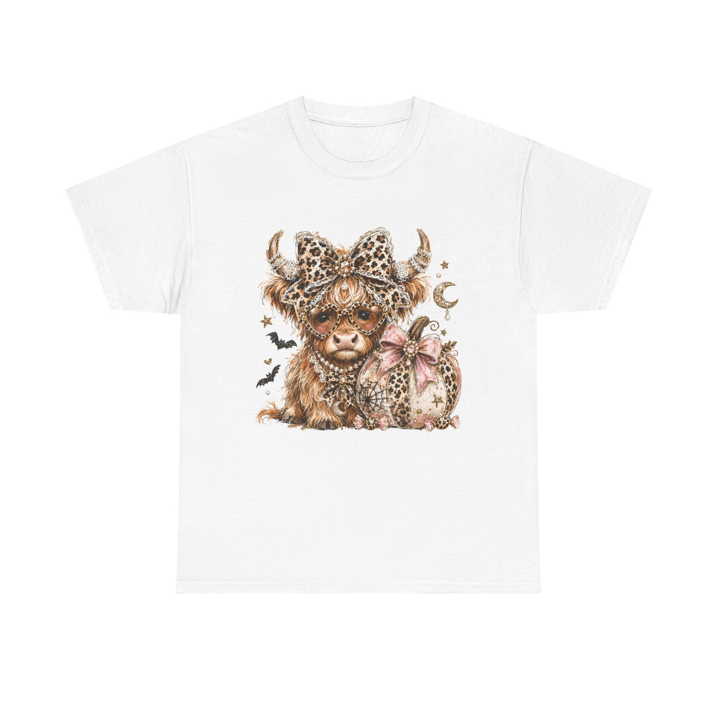 Highland Cow with Leopard Bow T‑Shirt — Cute Farm Animal Tee for Women