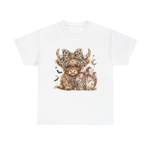 Highland Cow with Leopard Bow T‑Shirt — Cute Farm Animal Tee for Women
