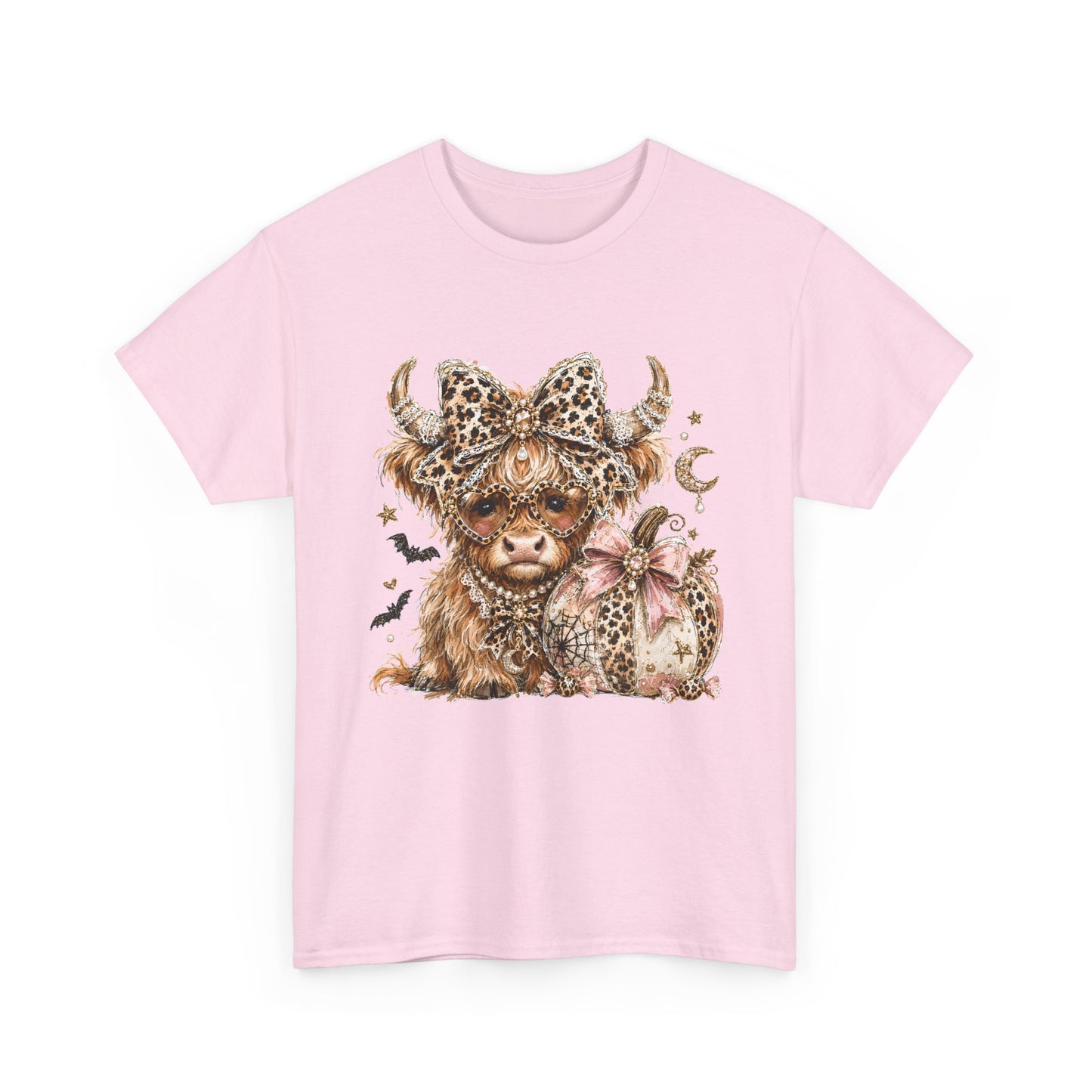 Highland Cow with Leopard Bow T‑Shirt — Cute Farm Animal Tee for Women